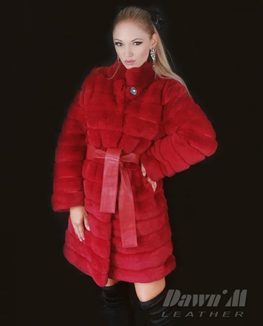 Луксозно кожено палто - чинчила в червено