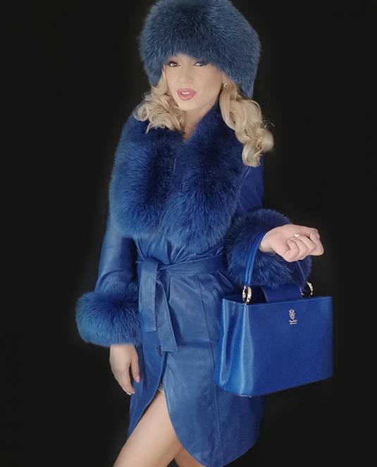Дамско кожено палто - Шинел с лисица в синьо