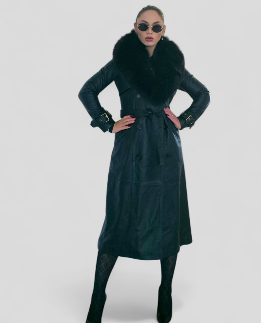 Дамски кожен тренч “Elegance Fox” с подвижна яка от норвежка лисица - 4
