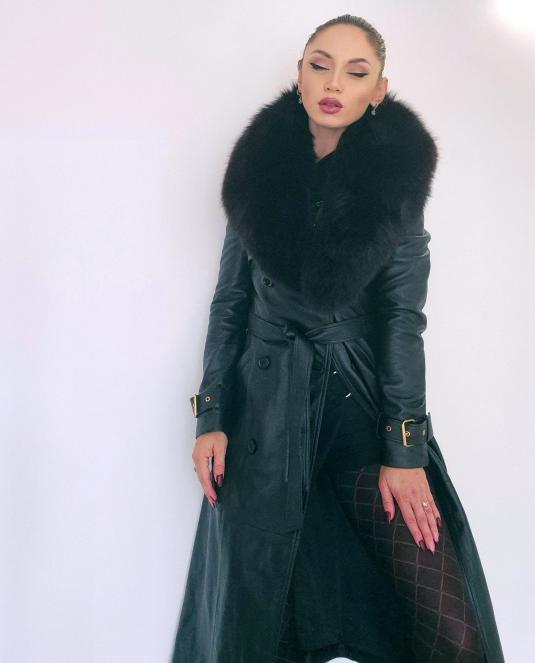 Дамски кожен тренч “Elegance Fox” с подвижна яка от норвежка лисица - 2