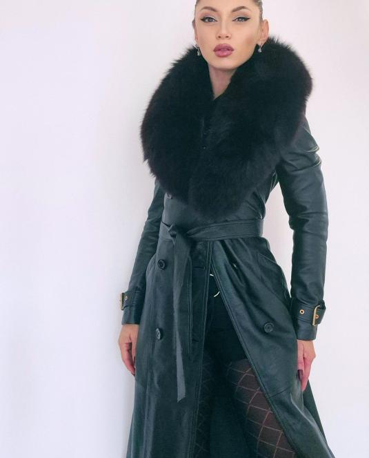 Дамски кожен тренч “Elegance Fox” с подвижна яка от норвежка лисица