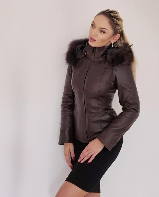 Късо кожено яке Aurora Brown - 5