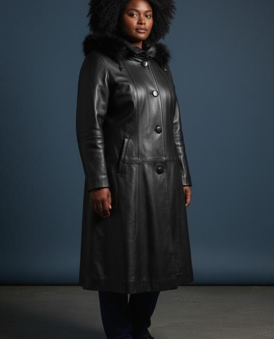 Дамско кожено палто  с колан Bella Midi Flare