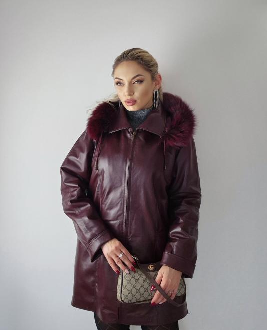 Дамско кожено палто с качулка 130 - 2