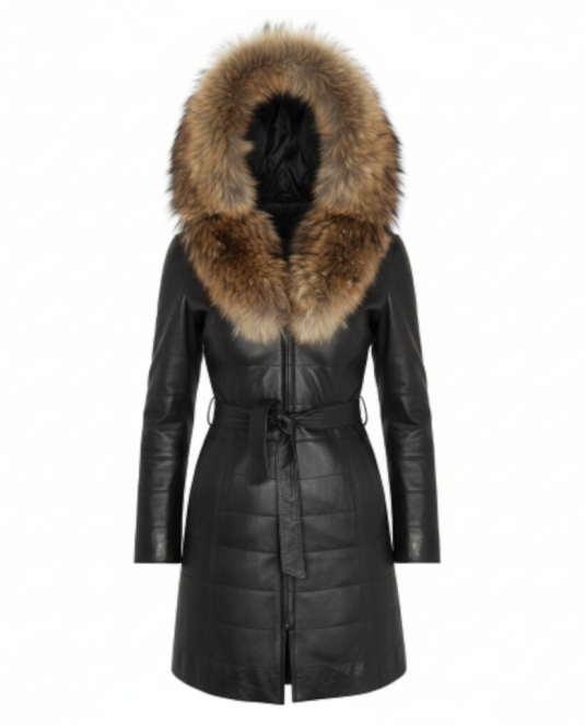 Кожено палто с лисица- модел 307 кафяво