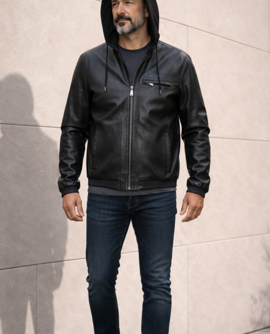 Мъжко кожено яке с качулка DOMINUS
