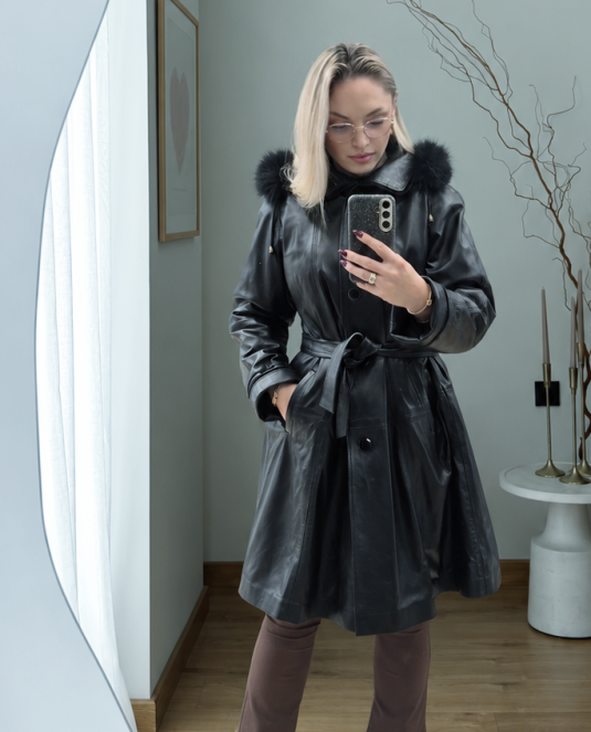 Дамско кожено палто  с колан Bella Midi Flare
