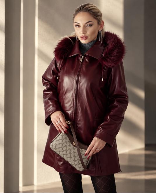 Дамско кожено палто BURGUNDY ELEGANCE